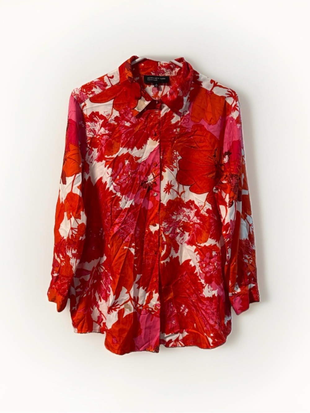 Beautiful Women's Jones New York Red Pink Floral LS Button Blouse Sz 12